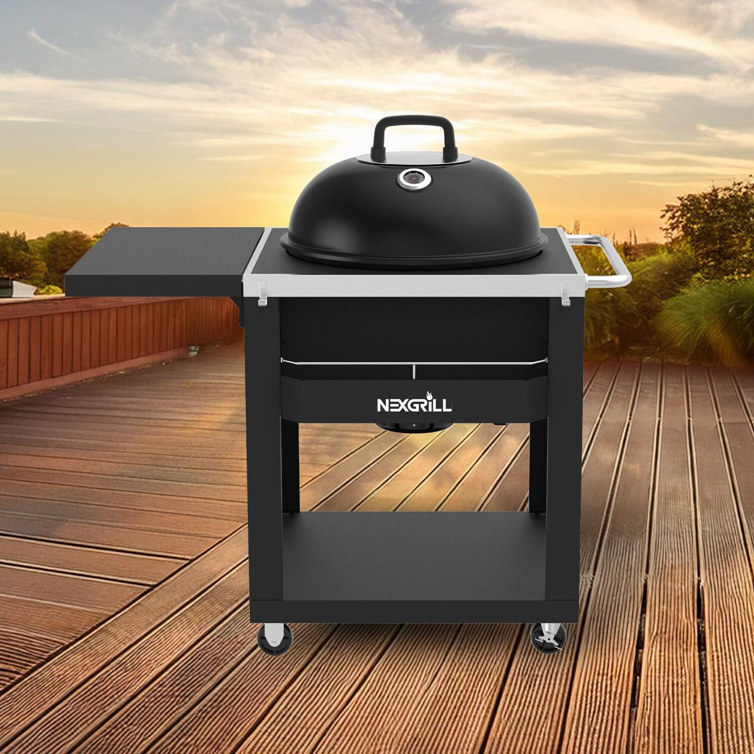 Nexgrill Kettle Charcoal Table Cart Grill with Side Shelves